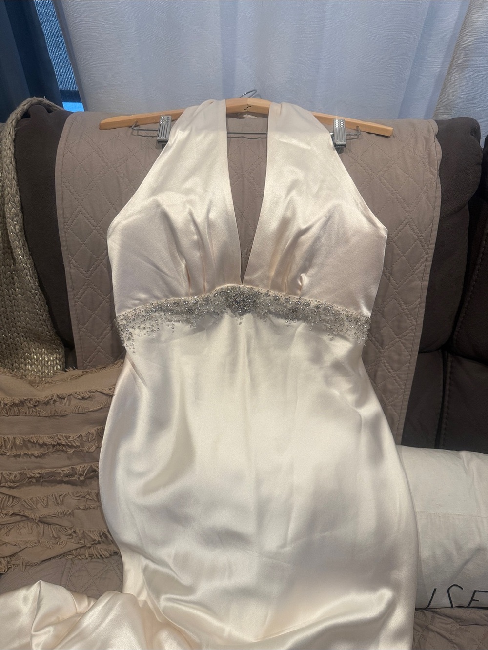 Halter Satin Wedding Dress with Beaded Waist — Ivory